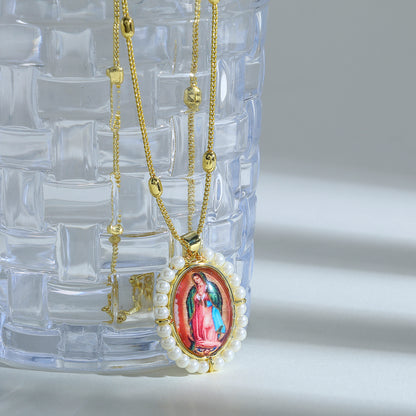 Polished Portrait Pendant Necklace For Women In Copper With 18K Real Gold Plated Finish And Beaded Chain