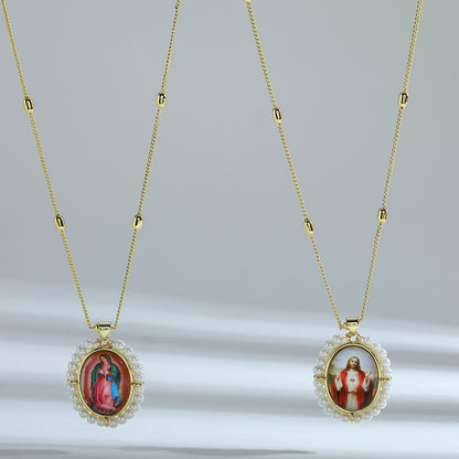 Polished Portrait Pendant Necklace For Women In Copper With 18K Real Gold Plated Finish And Beaded Chain