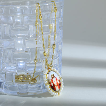Polished Portrait Pendant Necklace For Women In Copper With 18K Real Gold Plated Finish And Beaded Chain