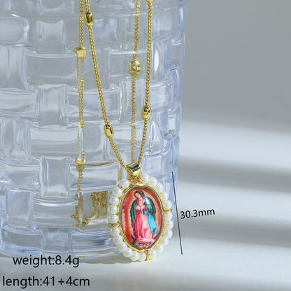 Polished Portrait Pendant Necklace For Women In Copper With 18K Real Gold Plated Finish And Beaded Chain