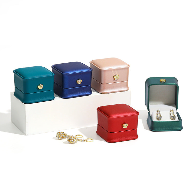 Crown Jewelry Box In Grey PU Leather, 1 Piece, Featuring Love Charms Design