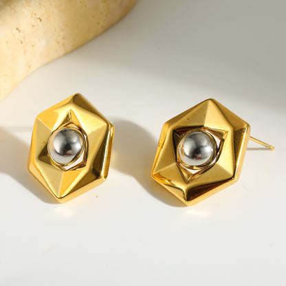 Hexagon Two Tone Earrings For Women Made Of 304 Stainless Steel With 18K Real Gold Plated Finish, Perfect For New Year