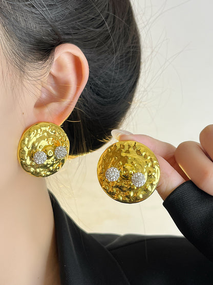 Round Retro Earrings For Women Featuring Electroplated Alloy And Rhinestone Inlay