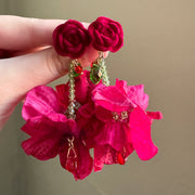 Hong Kong Style Flocked Rose Beaded Petal Tassel Earrings