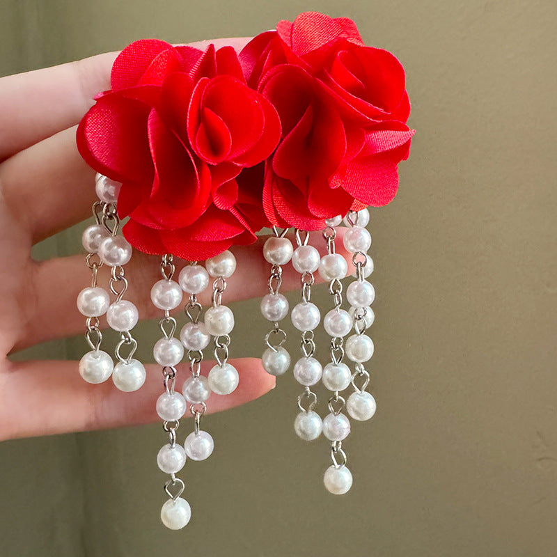 Luxurious White Acrylic Flowers For Women Featuring Zircon Inlay And Elegant Tassel Craft