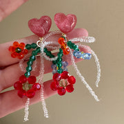 Small Flower Beaded Bow Tassel Heart Earrings