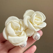 French White Rose Pendant Pearl Earrings
