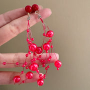 Unique Red Beaded Tassel Earrings