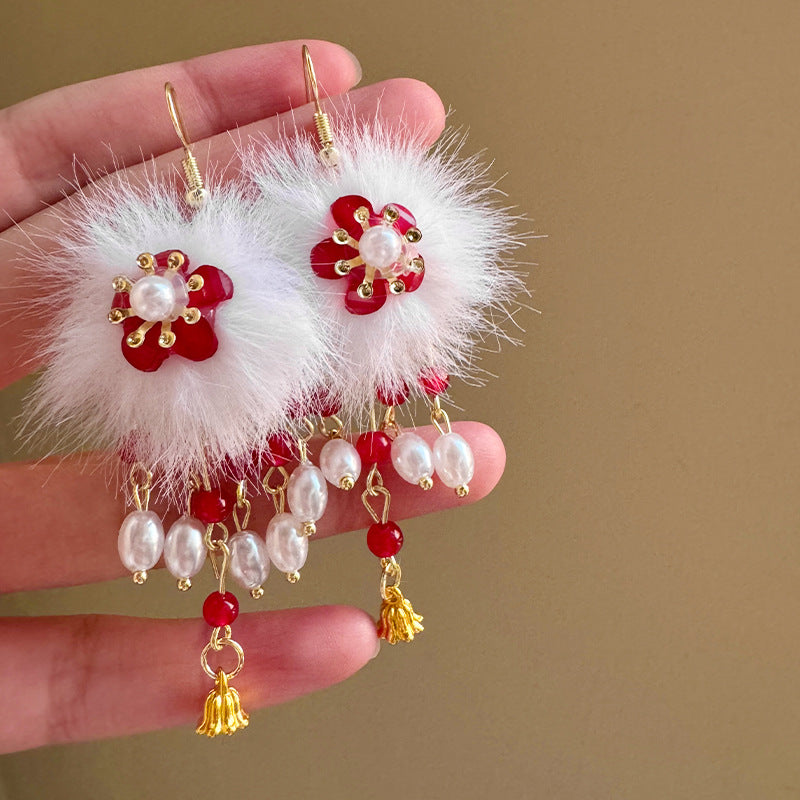 Luxurious White Acrylic Flowers For Women Featuring Zircon Inlay And Elegant Tassel Craft