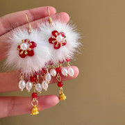 Vintage Pom Pom Flower Beaded Tassel Earrings