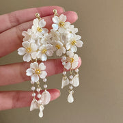 Super Fairy White Cherry Blossom Beaded Petal Tassel Earrings