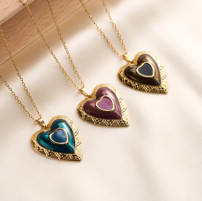 Heart Shape Pendant Necklace For Women In 304 Stainless Steel With Enamel Craft And 18K Real Gold Plated Cable Chain