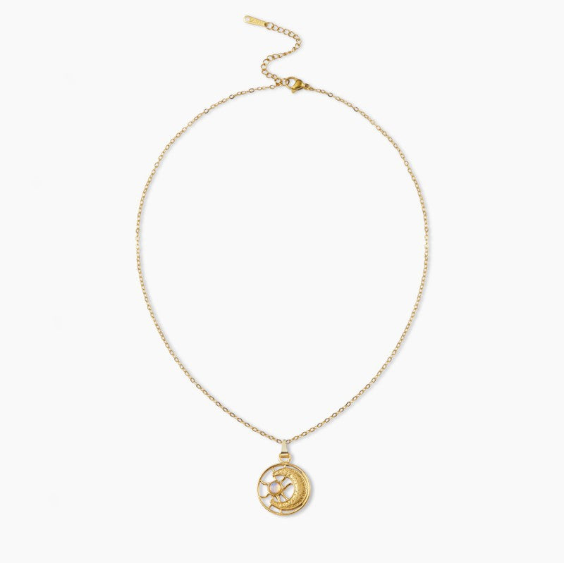 Sun Pendant Necklace For Women Featuring Natural Stone Inlay With 18K Real Gold Plated PVD Coated Cable Chain