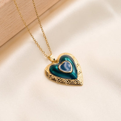 Heart Shape Pendant Necklace For Women In 304 Stainless Steel With Enamel Craft And 18K Real Gold Plated Cable Chain