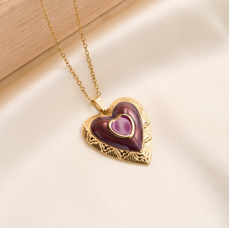 Heart Shape Pendant Necklace For Women In 304 Stainless Steel With Enamel Craft And 18K Real Gold Plated Cable Chain