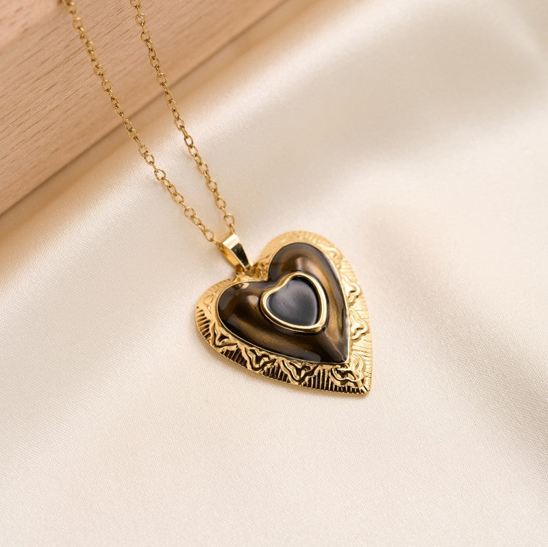 Heart Shape Pendant Necklace For Women In 304 Stainless Steel With Enamel Craft And 18K Real Gold Plated Cable Chain