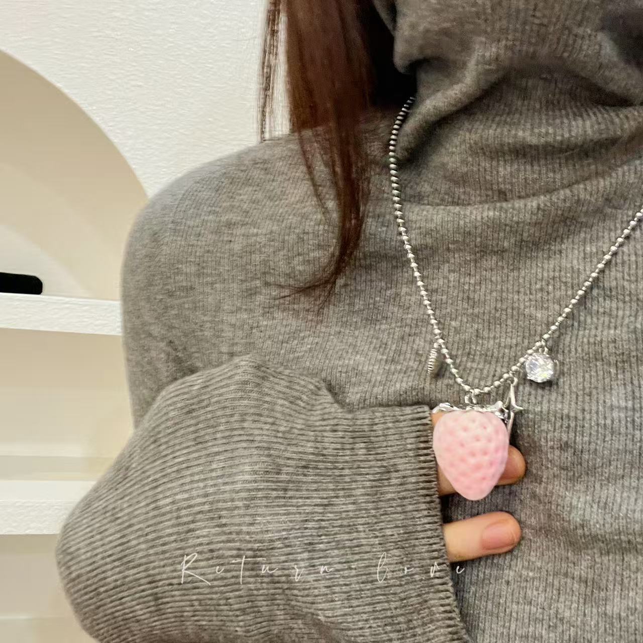 Sweet Strawberry Long Necklace For Women In Mixed Materials With Electroplated Finish, Perfect For Travel