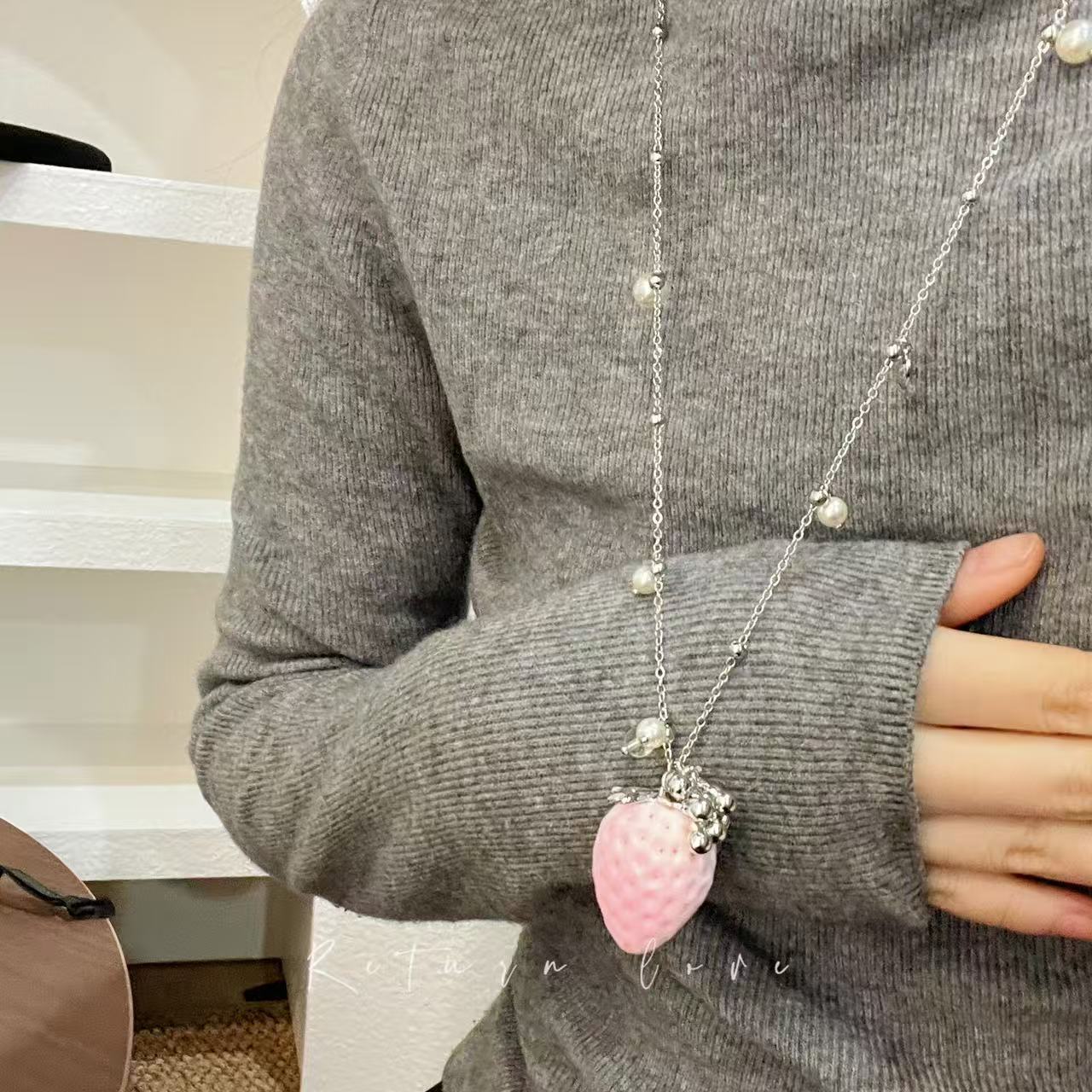 Sweet Strawberry Long Necklace For Women In Mixed Materials With Electroplated Finish, Perfect For Travel