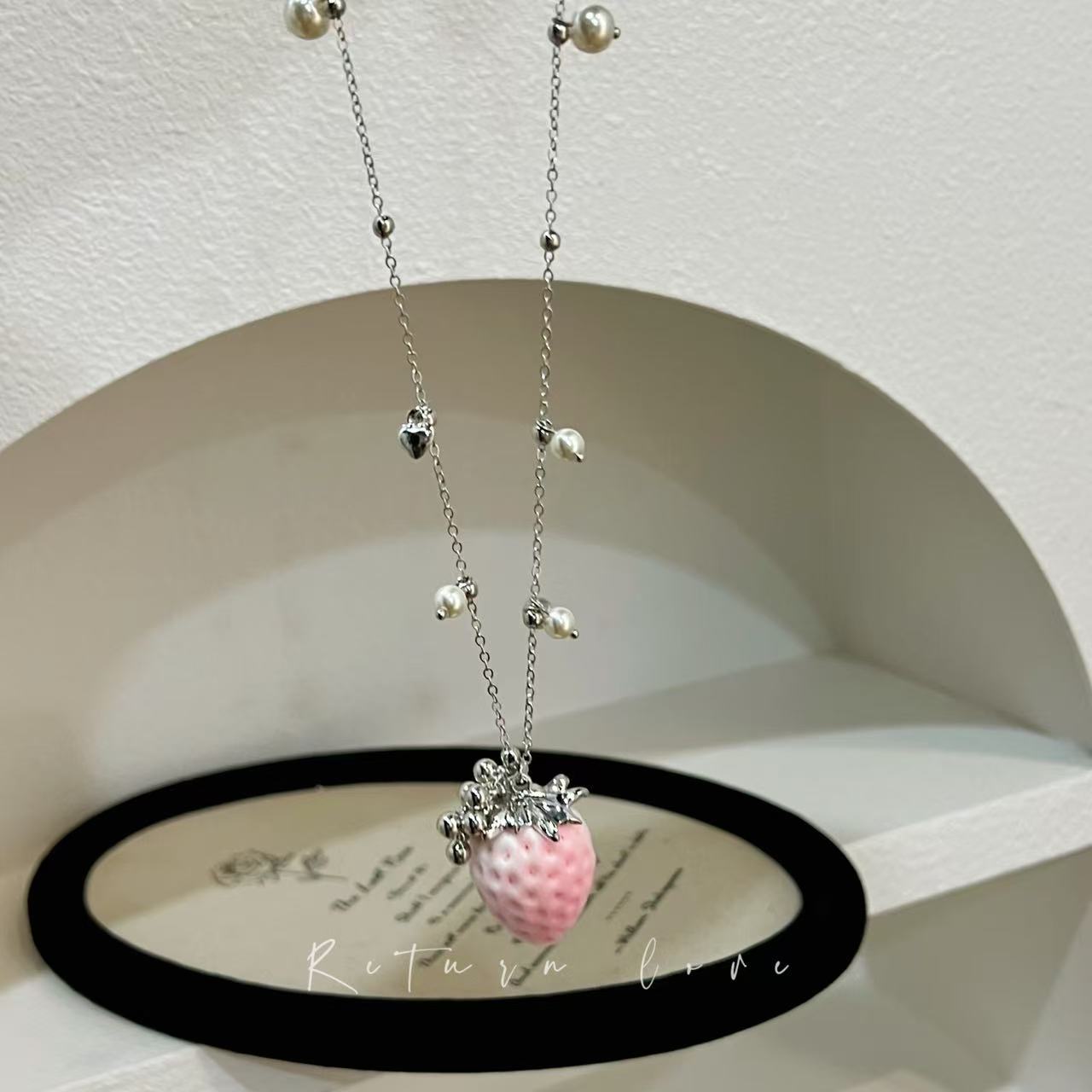 Sweet Strawberry Long Necklace For Women In Mixed Materials With Electroplated Finish, Perfect For Travel