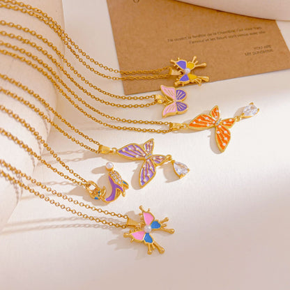 Sweet Butterfly Necklace For Unisex Featuring Zircon Inlay With Titanium Steel Cable Chain