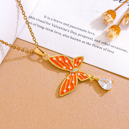 Sweet Butterfly Necklace For Unisex Featuring Zircon Inlay With Titanium Steel Cable Chain