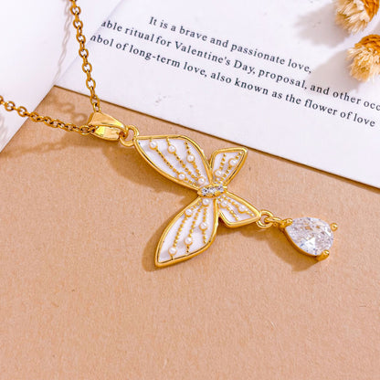 Sweet Butterfly Necklace For Unisex Featuring Zircon Inlay With Titanium Steel Cable Chain