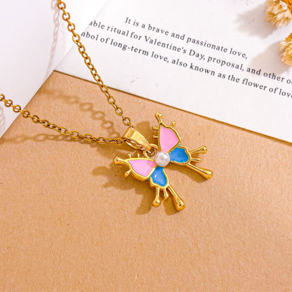 Sweet Butterfly Necklace For Unisex Featuring Zircon Inlay With Titanium Steel Cable Chain