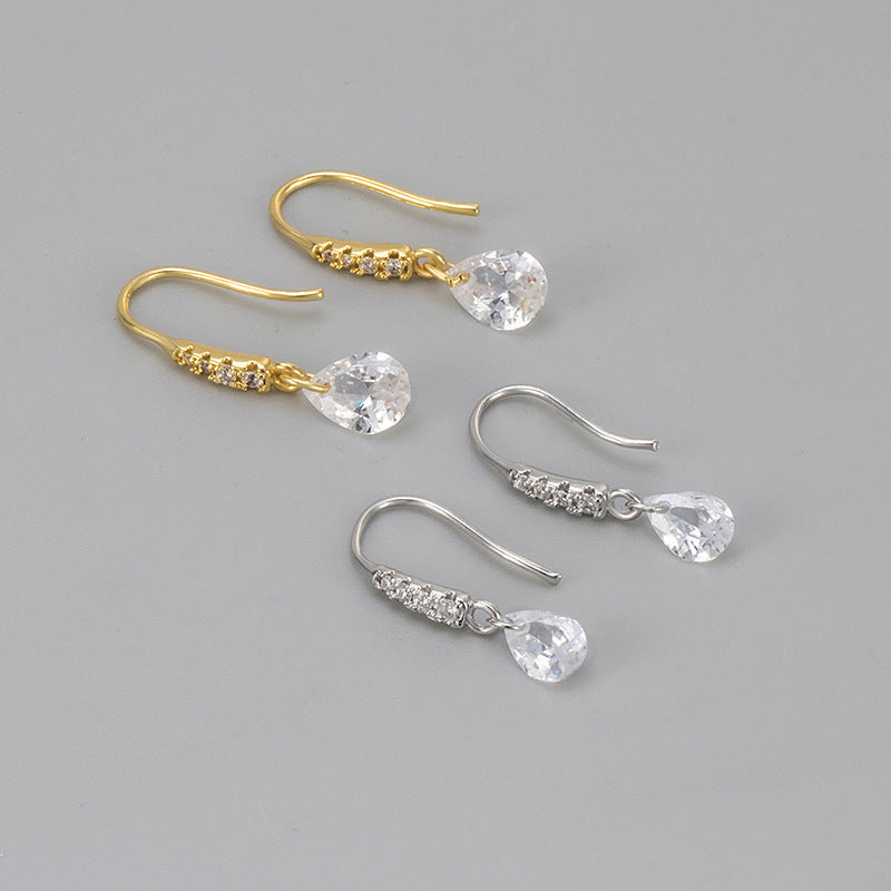 Simple Style Water Droplets Ear Hook Earrings For Women With Copper Tassel And Zircon Inlay