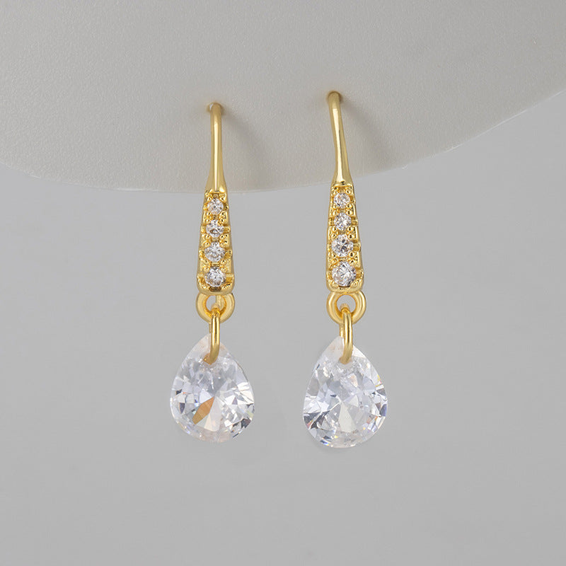 Simple Style Water Droplets Ear Hook Earrings For Women With Copper Tassel And Zircon Inlay