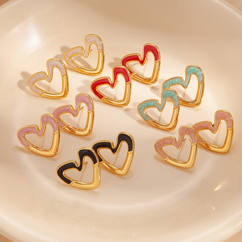 Heart Shape Enamel Stud Earrings For Women Made Of Durable Titanium Steel
