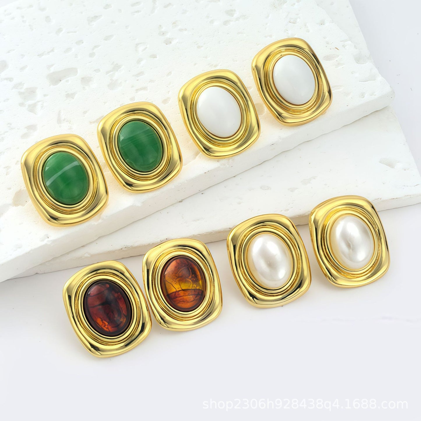 For Women Shell Stud Earrings In Green, Made Of 304 Stainless Steel With Electroplated Gold Plating