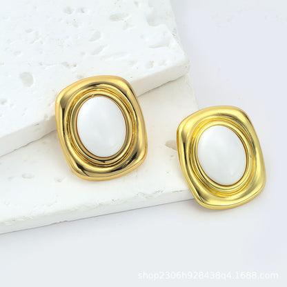 For Women Shell Stud Earrings In Green, Made Of 304 Stainless Steel With Electroplated Gold Plating