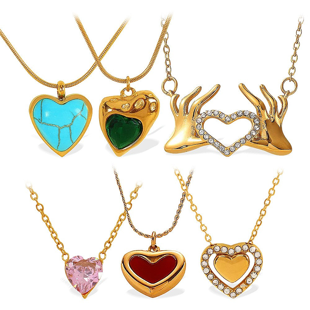 Rose Gold Plated Stainless Steel Necklace Ladies Irregular Color Collision Heart Pendant French Jewelry