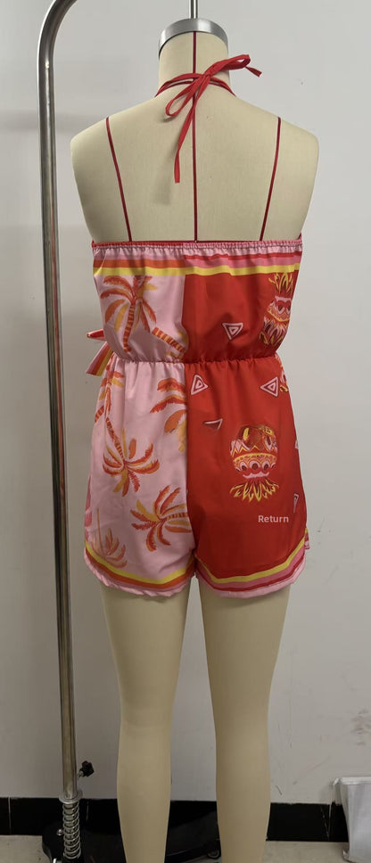 Simple Style Women's Floral Romper Shorts For Daily Wear, Made With Polyester Fabric Featuring Printing Craft
