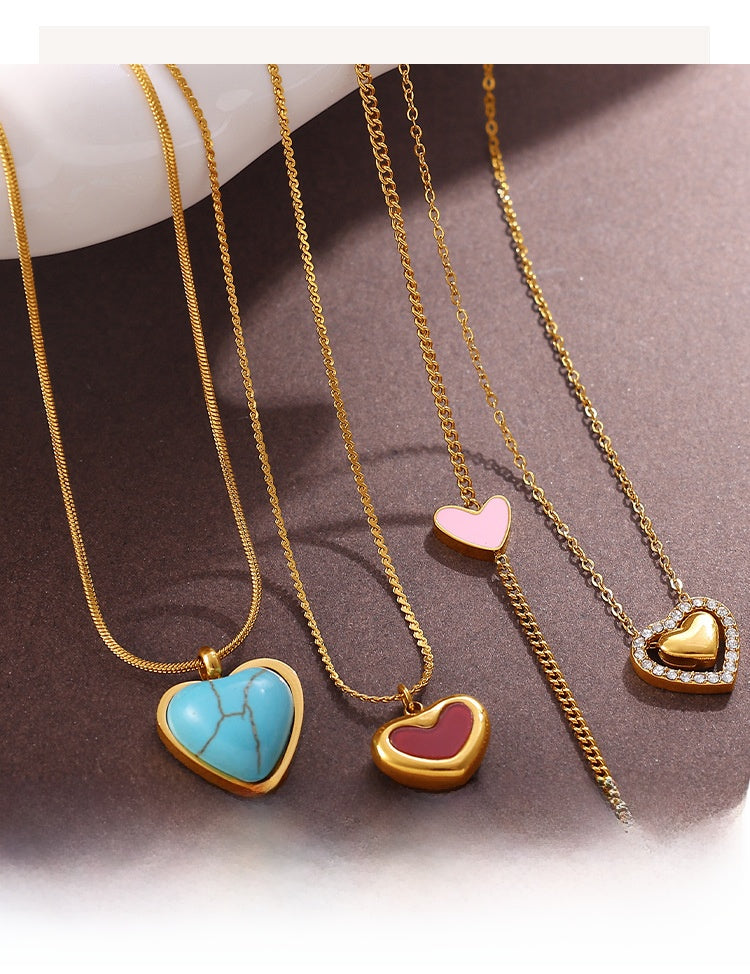 Rose Gold Plated Stainless Steel Necklace Ladies Irregular Color Collision Heart Pendant French Jewelry