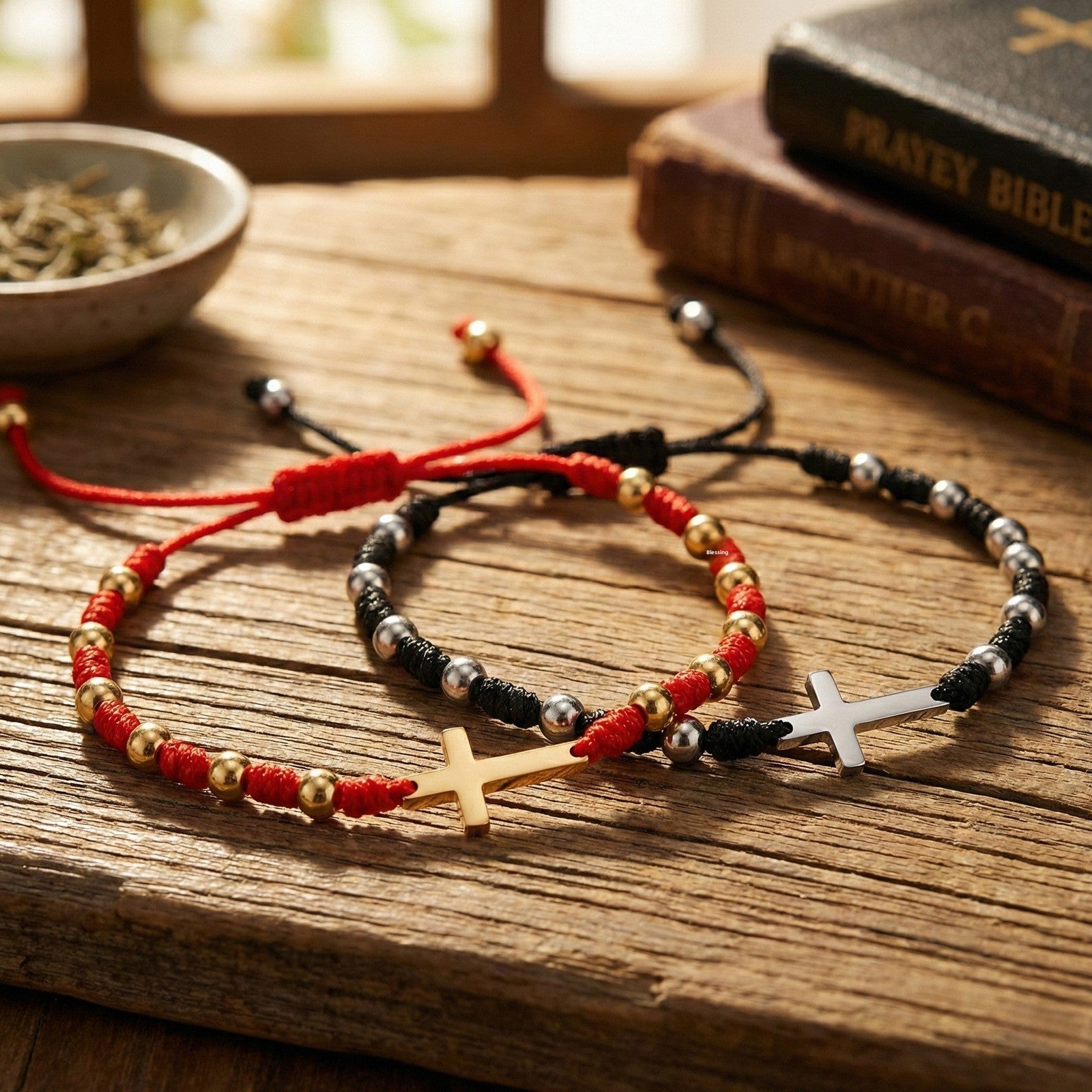 Adjustable Red And Black Rope Braided Bracelet Set With Wish Card Metal Bead Decoration For Daily Wear Jewelry Unisex Simple Style