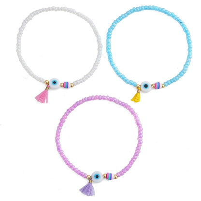 Triple Circle Evil Eye Bracelet With Colorful Beads And White Evil Eye Pendant, Colorful Tassel, Daily Wear Jewelry For Women