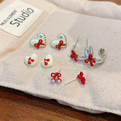 Silver Heart-shaped Bowknot Earring Set For Women Simple Jewelry Accessories