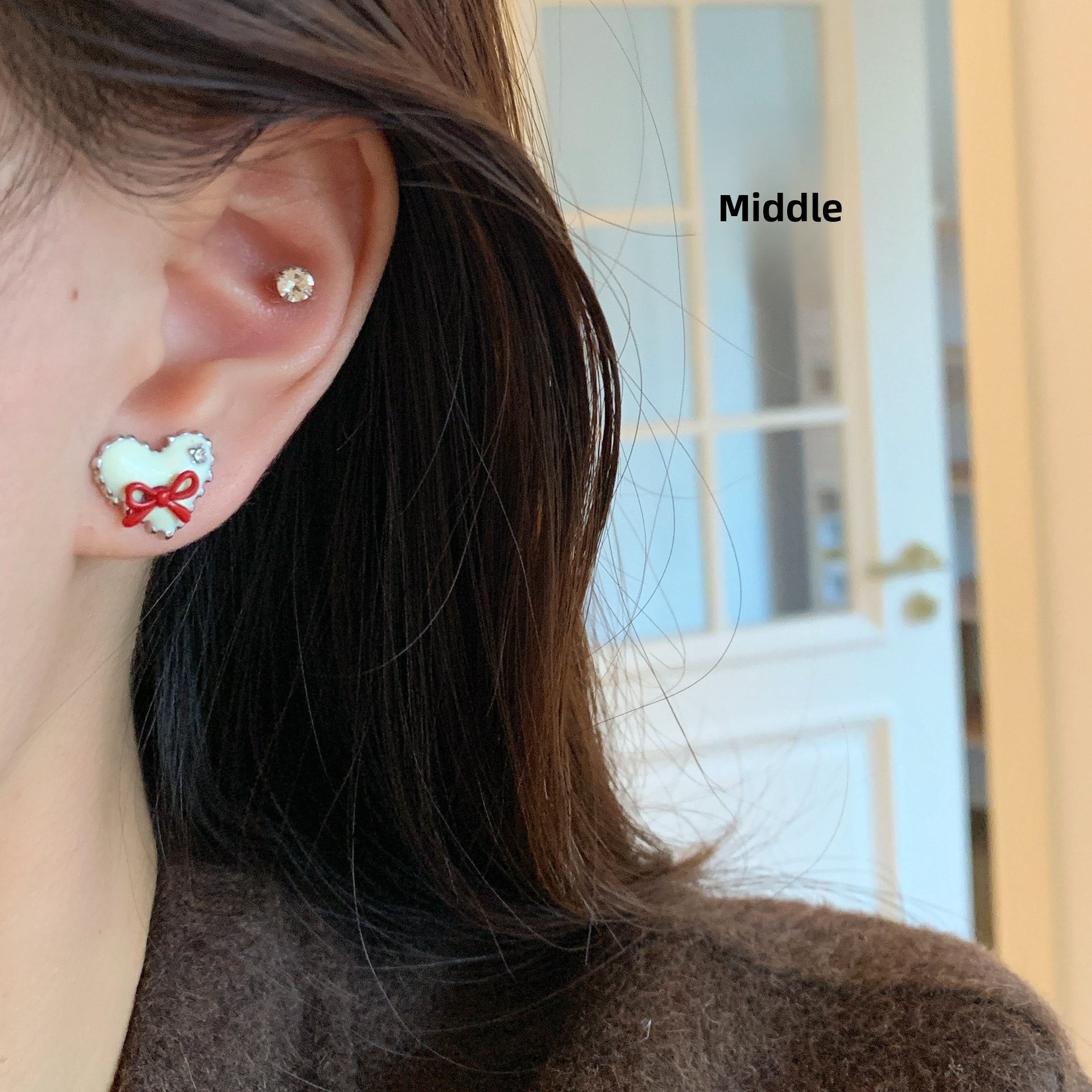 Silver Heart-shaped Bowknot Earring Set For Women Simple Jewelry Accessories
