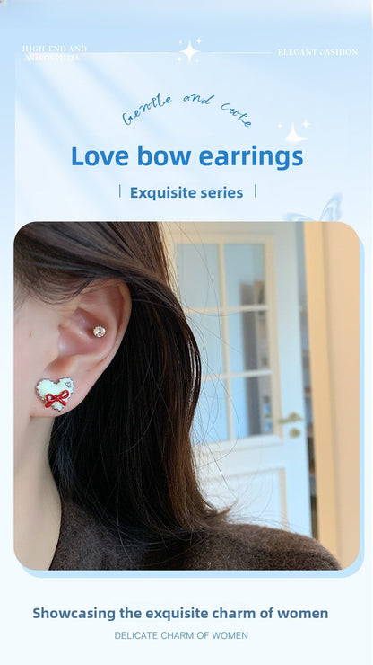 Silver Heart-shaped Bowknot Earring Set For Women Simple Jewelry Accessories