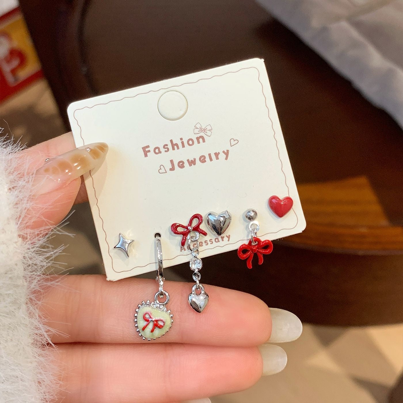 Silver Heart-shaped Bowknot Earring Set For Women Simple Jewelry Accessories