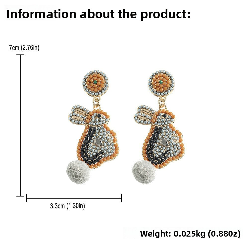 Handmade Easter Bunny Bead Earrings Holiday Color Block Diamond Inlaid Women's Party Jewelry