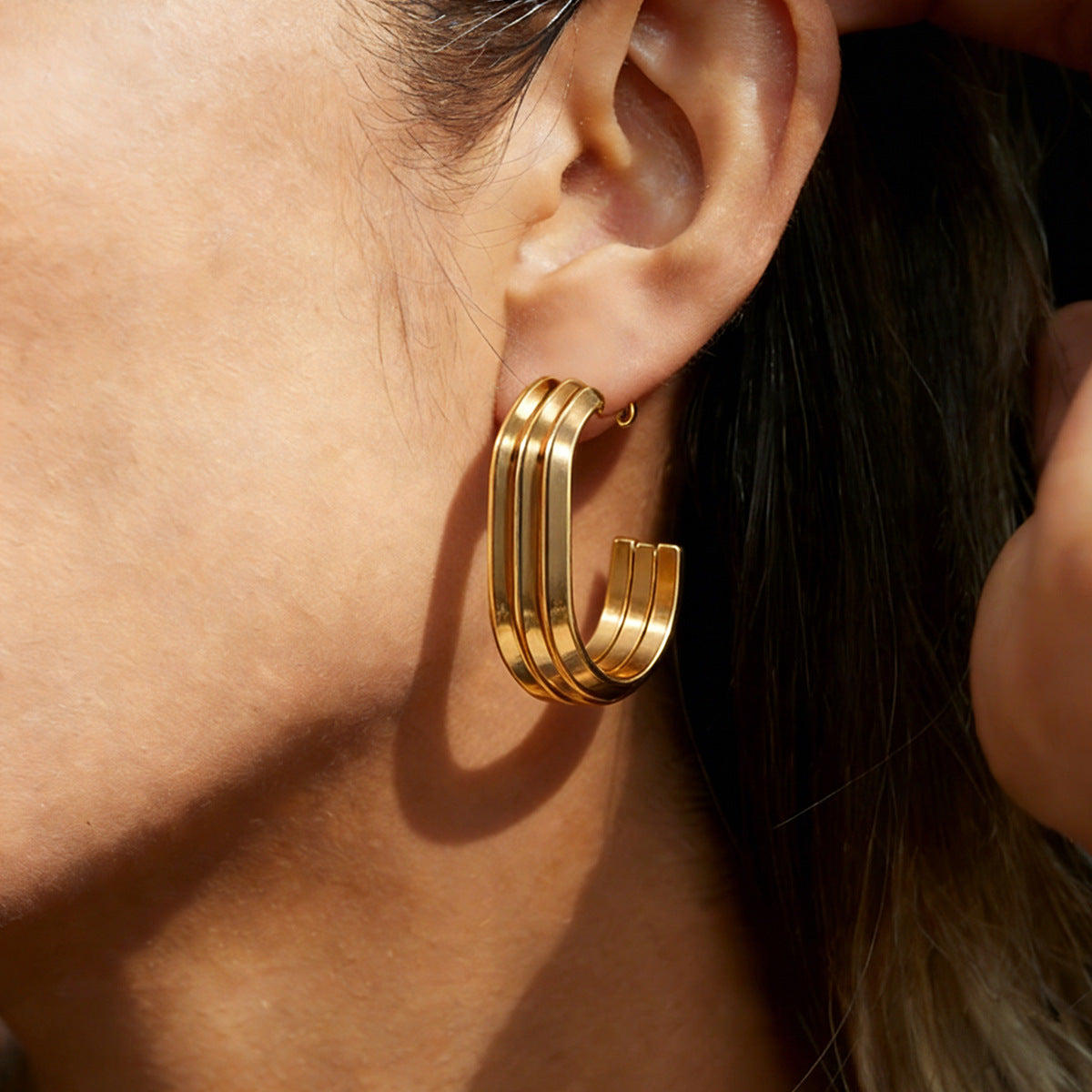 Color Block Earrings For Women In Golden Titanium Steel