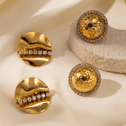 Round Copper Stud Earrings For Women Featuring Zircon Inlay In Steel Color