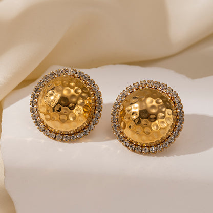Round Copper Stud Earrings For Women Featuring Zircon Inlay In Steel Color
