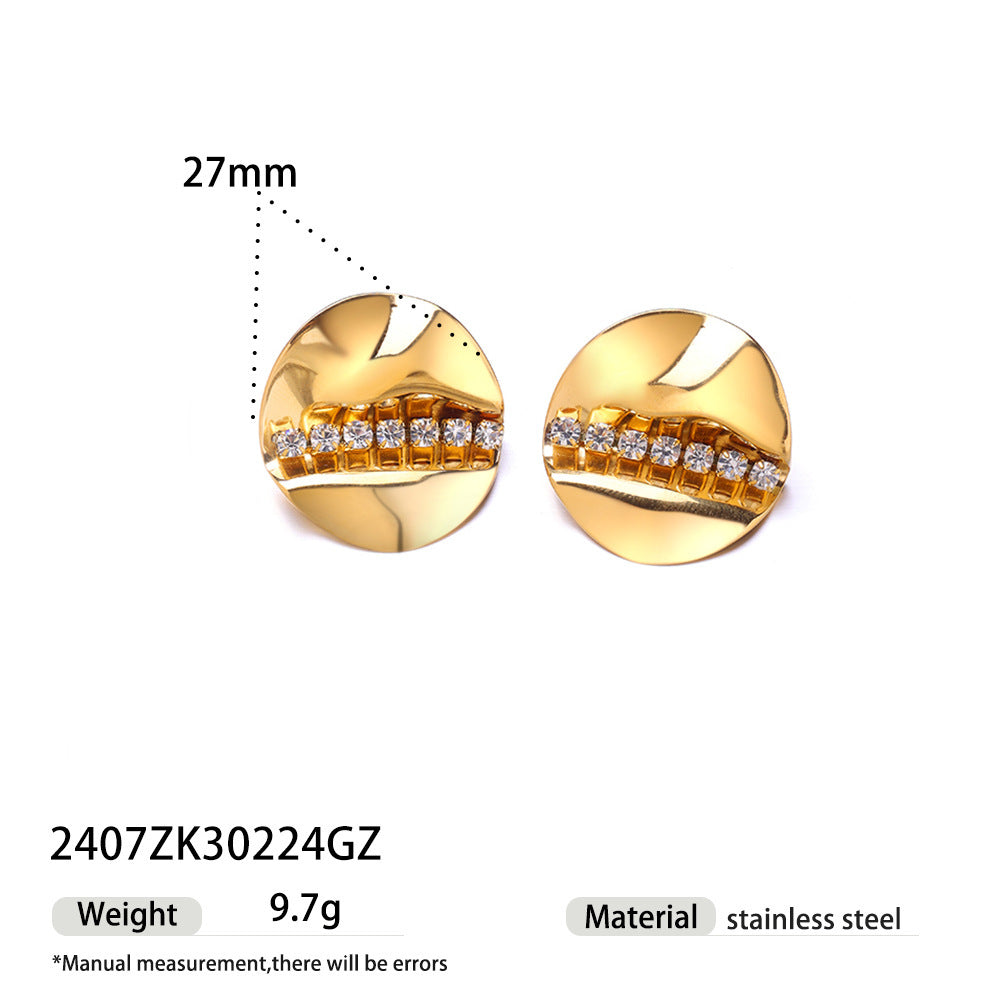 Round Copper Stud Earrings For Women Featuring Zircon Inlay In Steel Color
