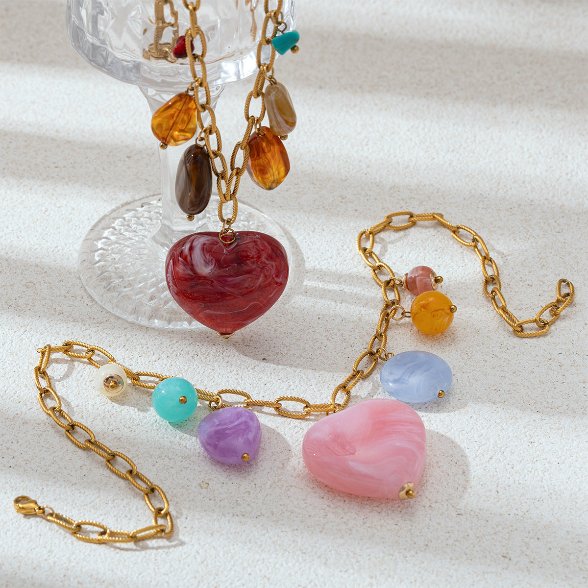 For Multi Charms Necklace Featuring Acrylic Inlay, Stylish Jewelry Set