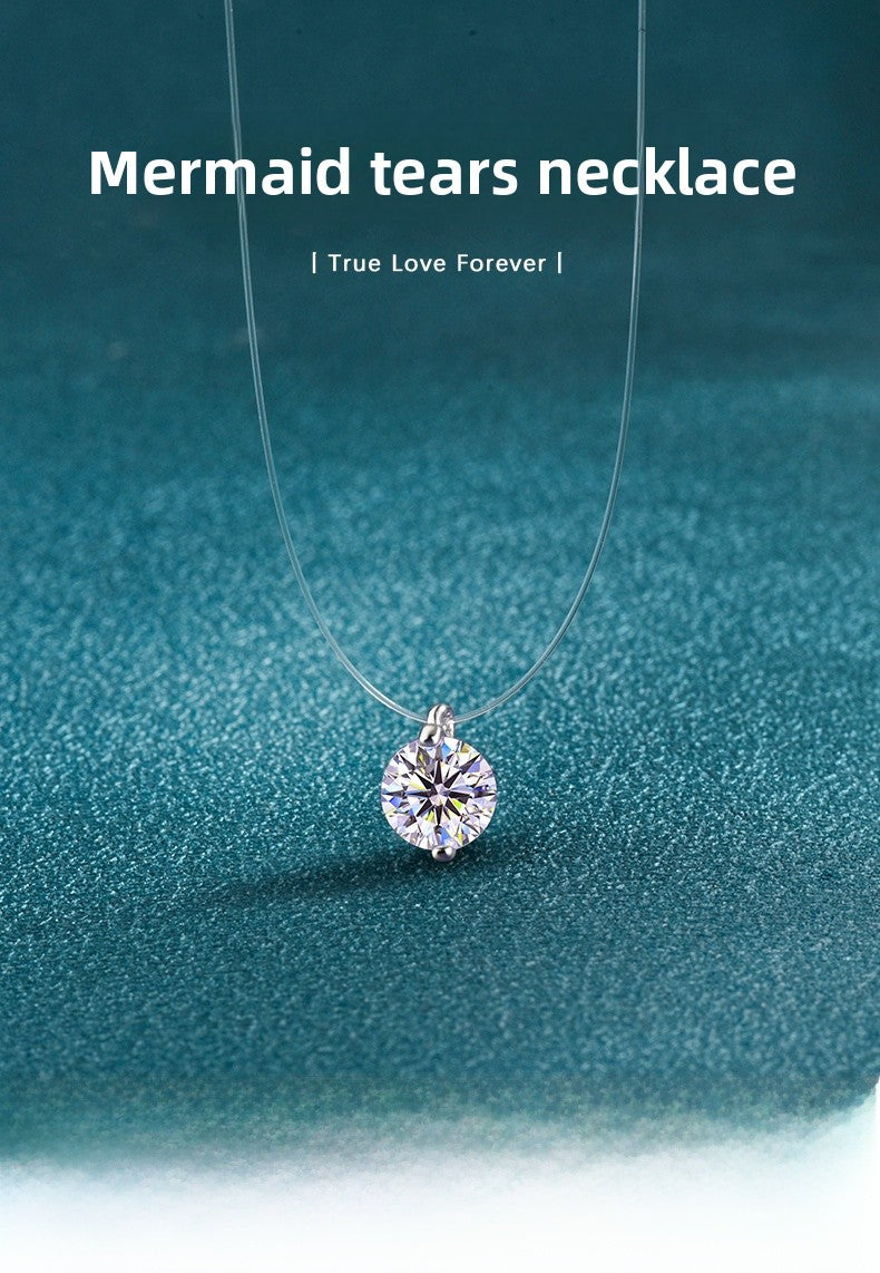 925 Sterling Silver Silver Piece Necklace Moissanite Mermaid Tears Invisible Fish Line Simple Pendant Clavicle Chain Jewelry