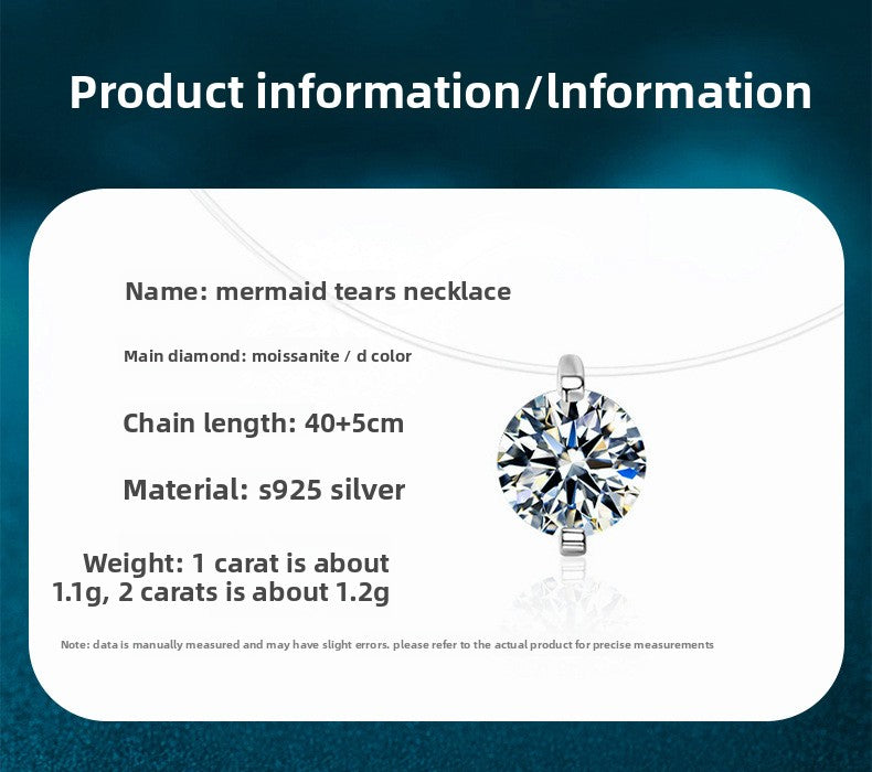 925 Sterling Silver Silver Piece Necklace Moissanite Mermaid Tears Invisible Fish Line Simple Pendant Clavicle Chain Jewelry