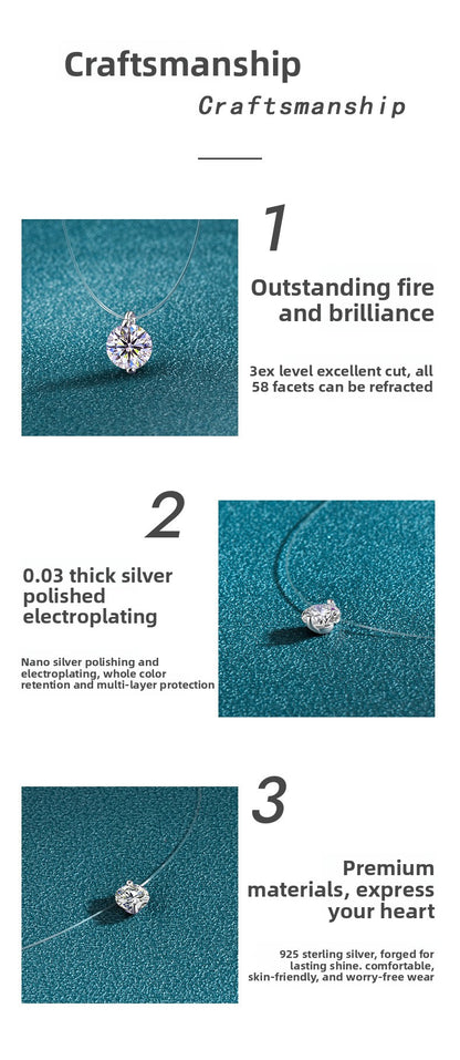 925 Sterling Silver Silver Piece Necklace Moissanite Mermaid Tears Invisible Fish Line Simple Pendant Clavicle Chain Jewelry